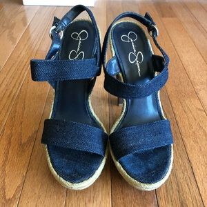 Jessica Simpson Denim Sandals with Wooden Heel